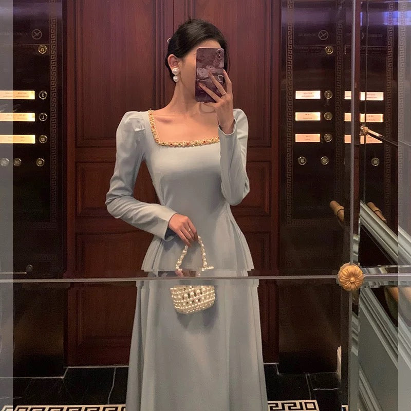 Sexy A Line Square Neckline Long Sleeves Prom Dresses Birthday Outfits Evening Gown