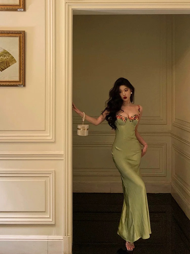 Classy Sheath Spaghetti Straps Green Long Prom Dresses Birthday Outfits Evening Gown