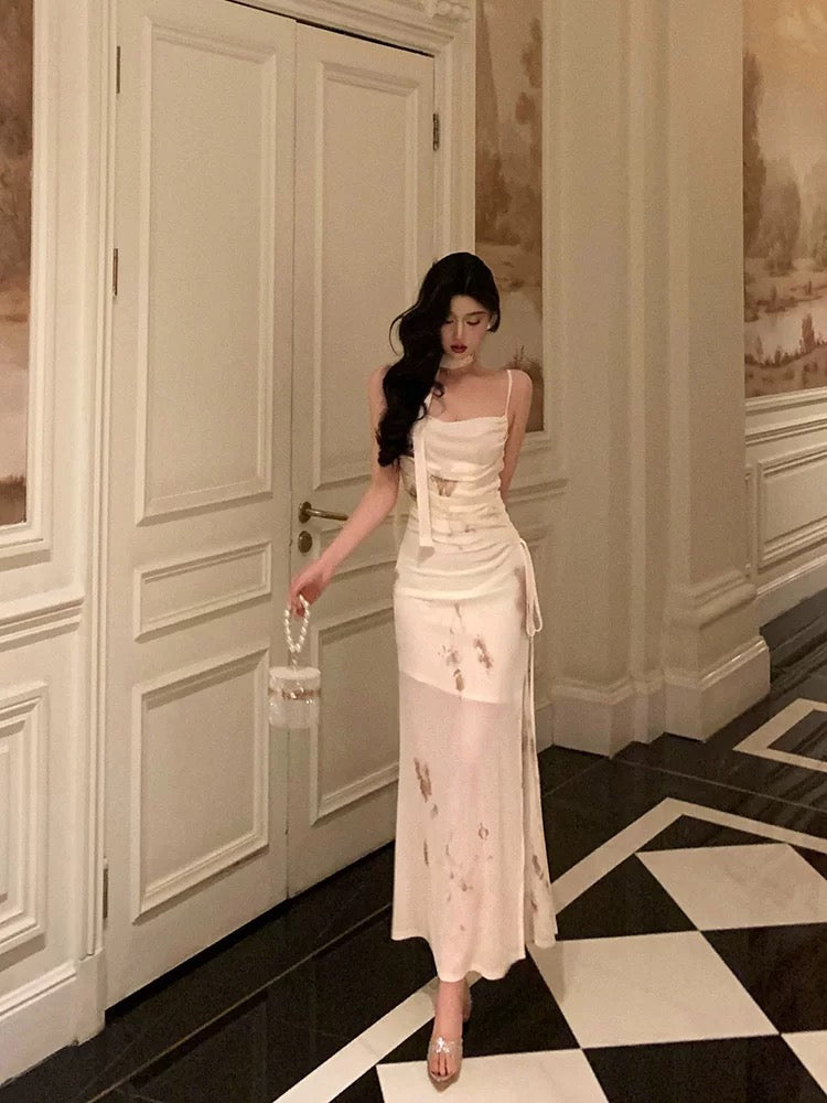 Classy Sheath Spaghetti Straps Ivory Floral Prom Dresses Birthday Outfits Evening Gown
