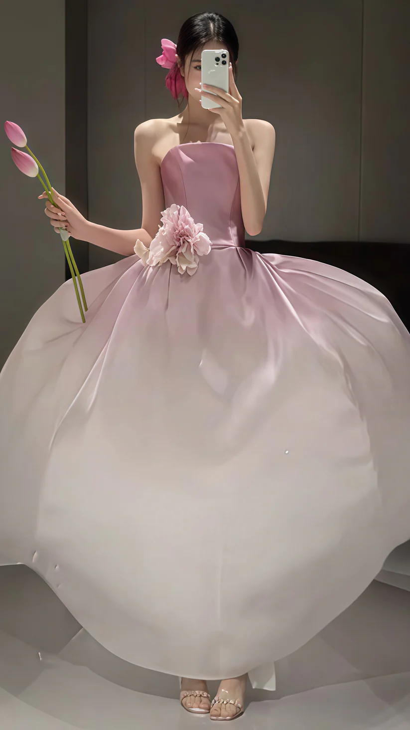 Fairy Ombre Pink Strapless Party Evening Dress,Formal Prom Dress With Flowers