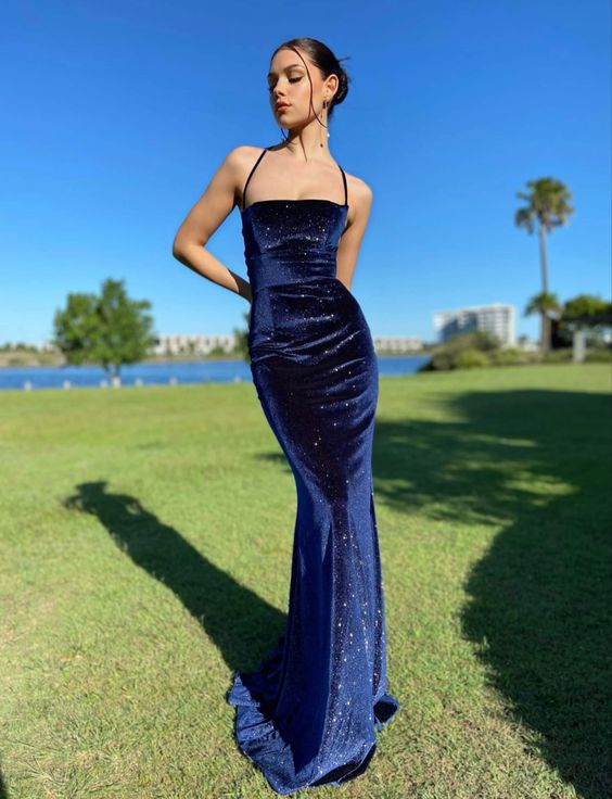 Vintage Navy Blue Velvet Prom Dress Sexy Mermaid Party Evening Gown