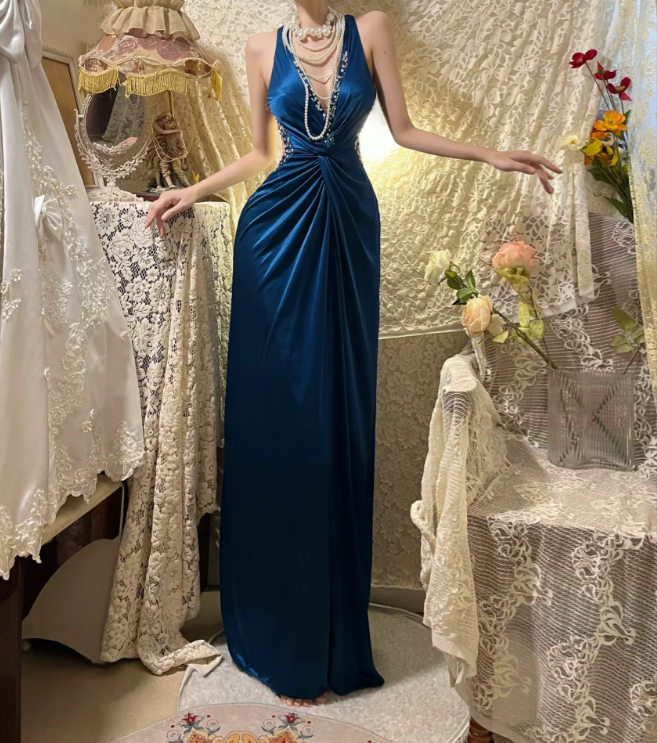 Fashion V Neck Navy Blue Satin Beaded Mermaid Long Party Dress Evening Dress