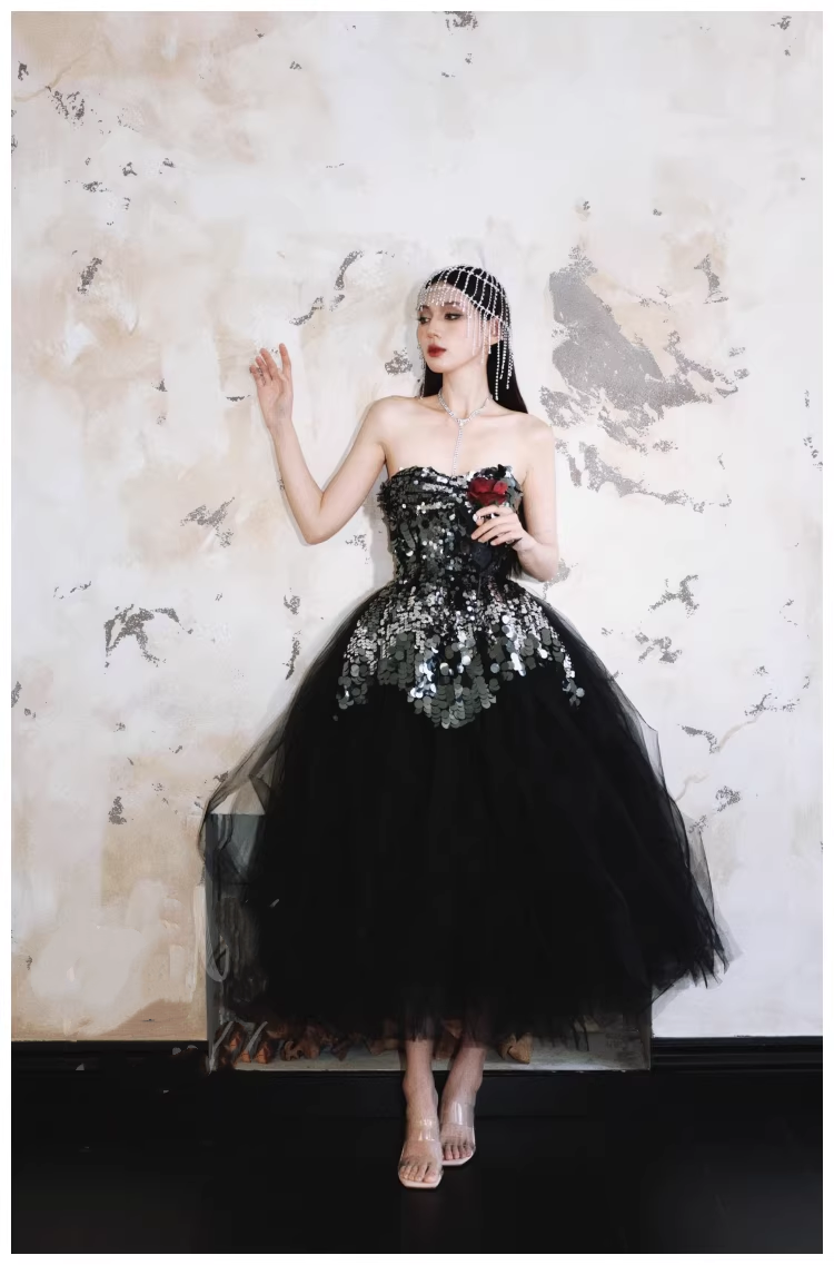 Gorgeous Strapless Black Tulle Sequin A Line Long Evening Dress Birthday Dress