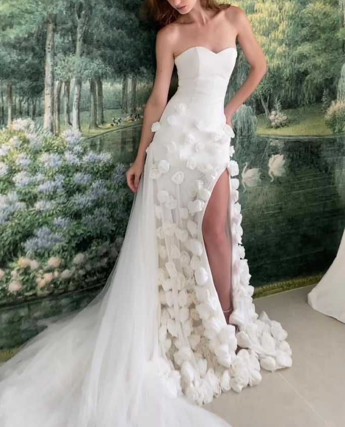 Beautiful Pink Strapless Tulle Rose Flowers Prom Dress Mermaid Slit Evening Dress Wedding Dress