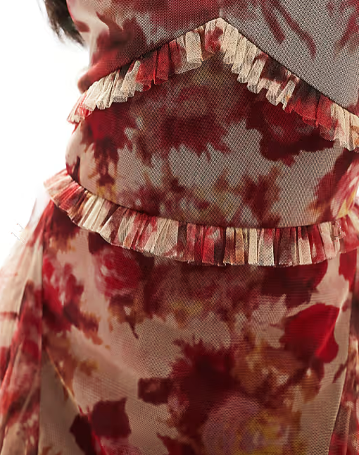 Unique Tulle Chiffon Rose Floral Print Ruffles Party Evening Dress A Line Prom Dress