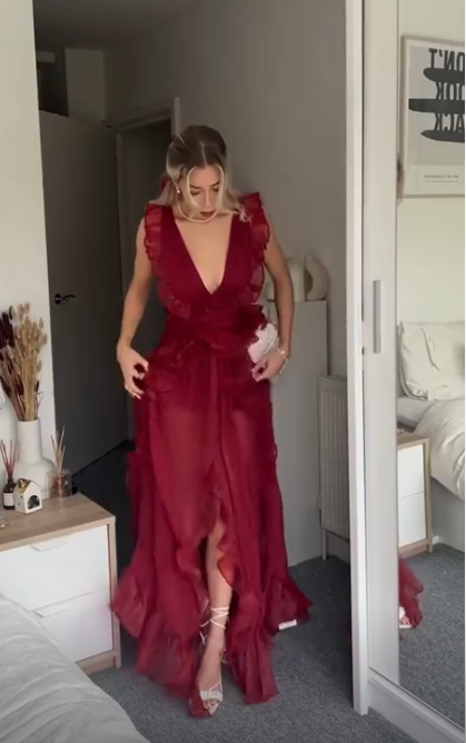 Sexy Burgundy Deep V Neck Chiffon Ruffles Slit Party Dress Long Prom Evening Dress