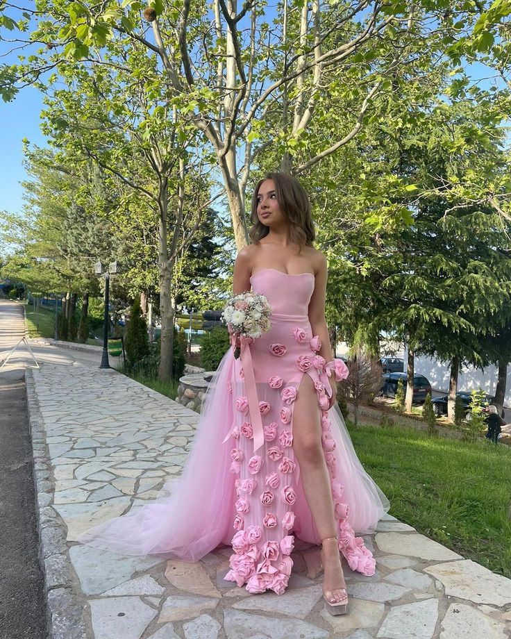 Beautiful Pink Strapless Tulle Rose Flowers Prom Dress Mermaid Slit Evening Dress Wedding Dress