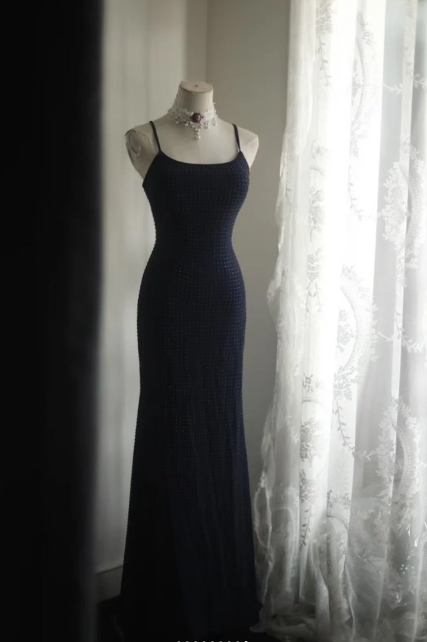 Classy Spaghetti Straps Navy Blue Beaded Mermaid Long Evening Dress Formal Wedding Guest Dress