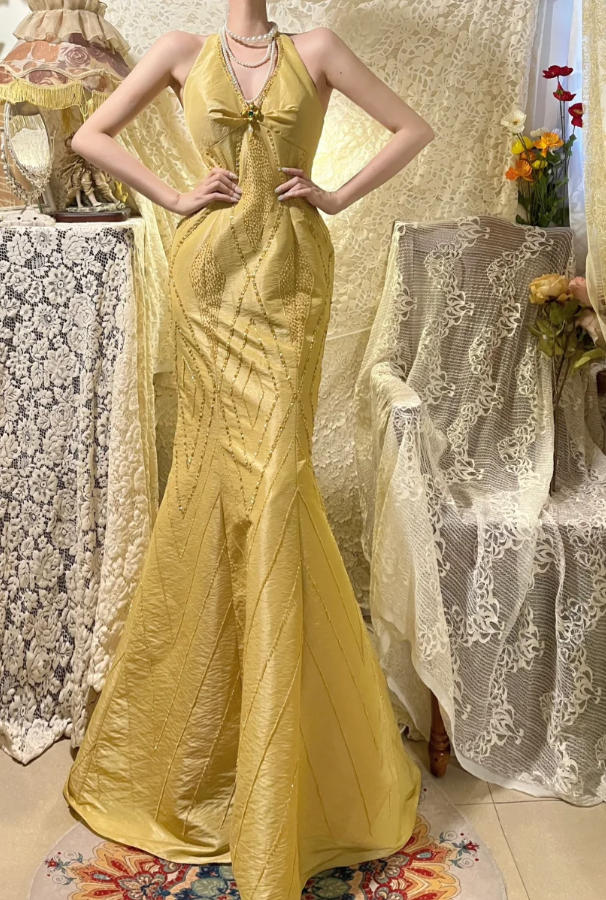 Unique Yellow Halter V Neck Satin Beaded Mermaid Long Party Dress Evening Dress