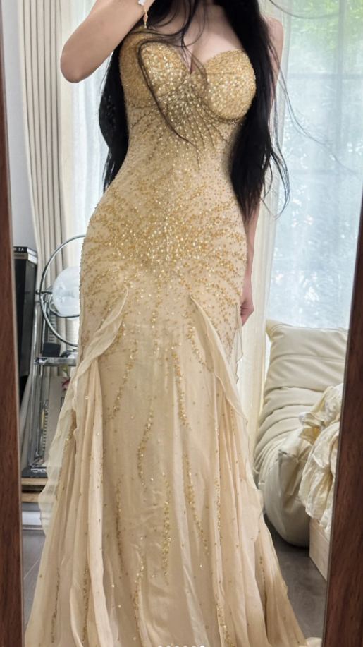 Pretty Spaghetti Straps Chiffon Beaded Ruffles Long Party Dress Yellow Mermaid Evening Dress
