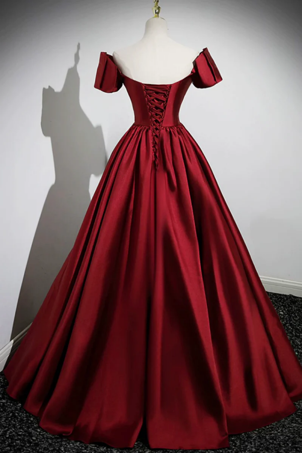 A Line Burgundy Satin Floor Length Prom Dress, Off the Shoulder New Party Dress