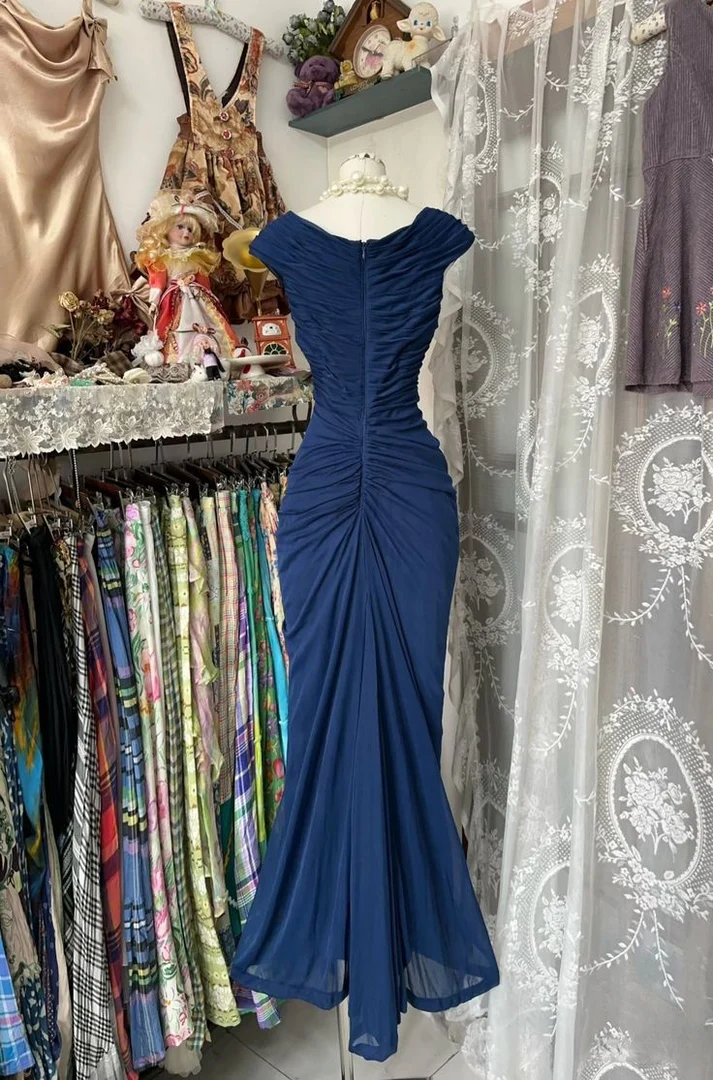 Vintage Navy Blue Chiffon Pleated Mermaid Prom Evening Dress,V Neck Party Gown