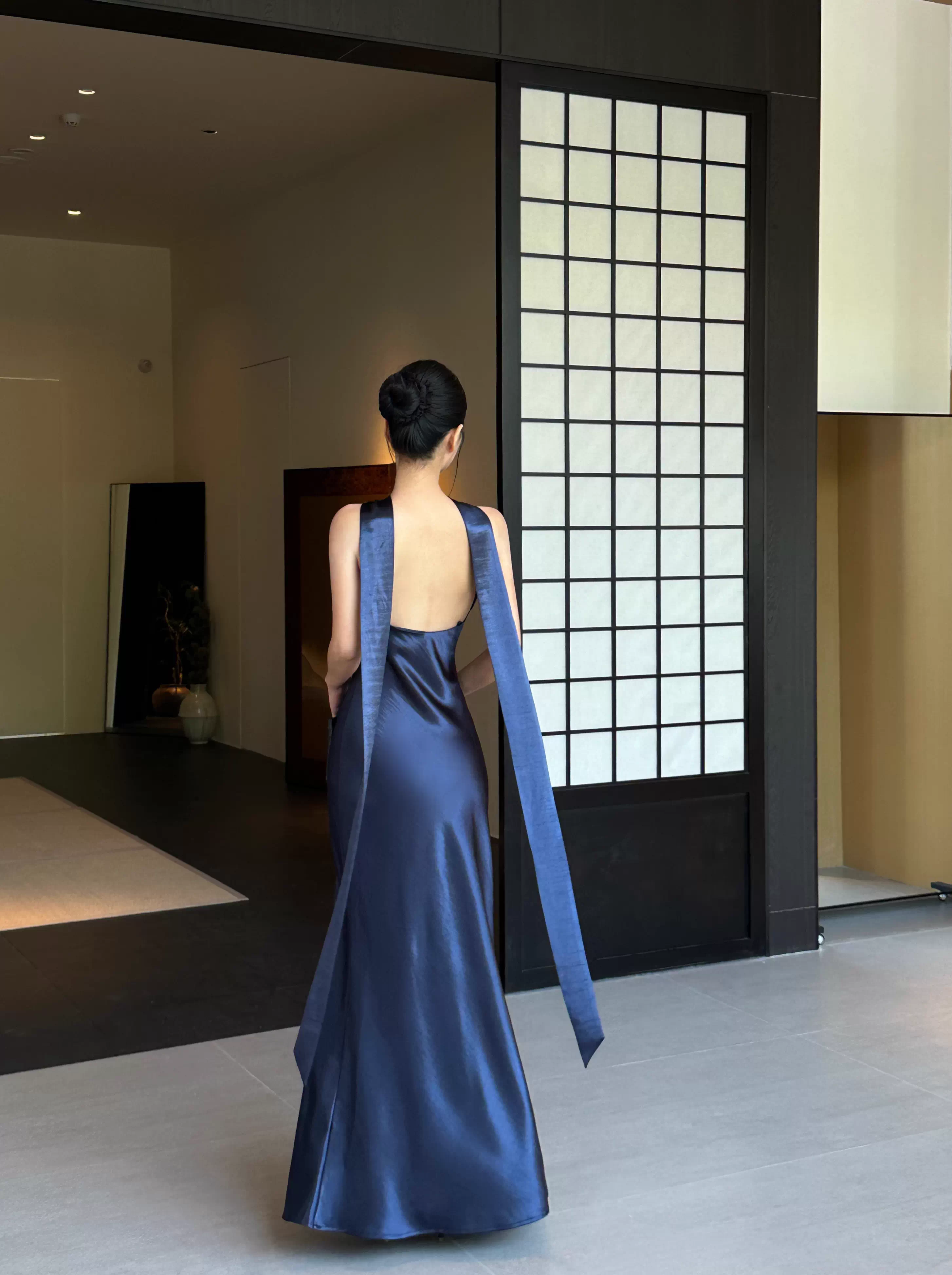 Classy Sleeveless Navy Blue Satin Mermaid Long Wedding Guest Dress Formal Backless Party Dress Evening Gown