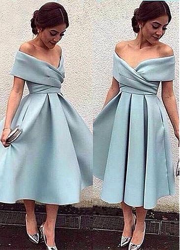 A-Line Off-the-Shoulder Tea-Length Sleeveless Homecoming Dress,Light Blue Satin Prom Dress