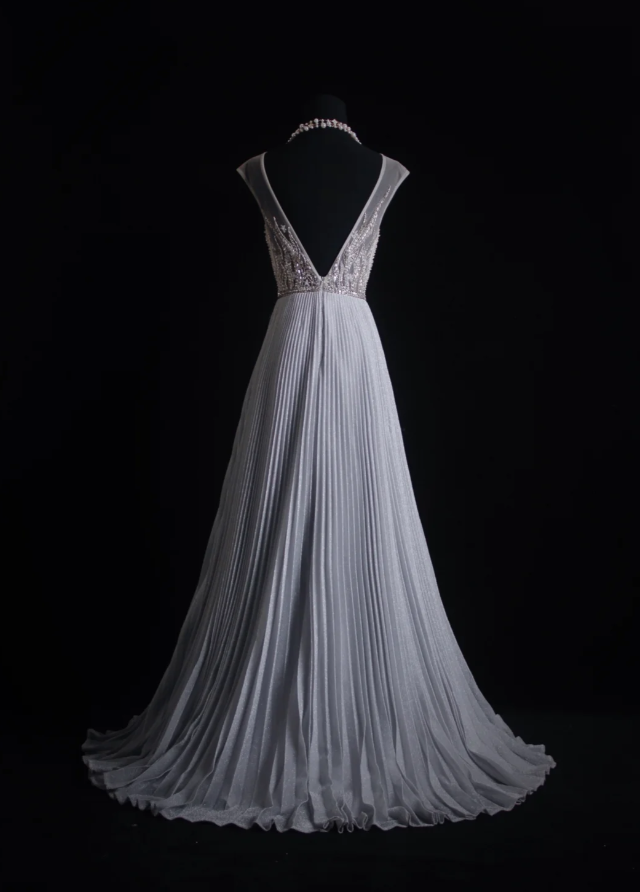 Pretty Gray Satin Pleated Sequin Beaded Long Wedding Guest Dress Party Dress