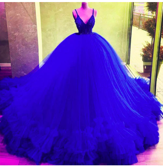 A-line Royal Blue Ball Gown Tulle Prom Dress Sleeveless Prom Dress