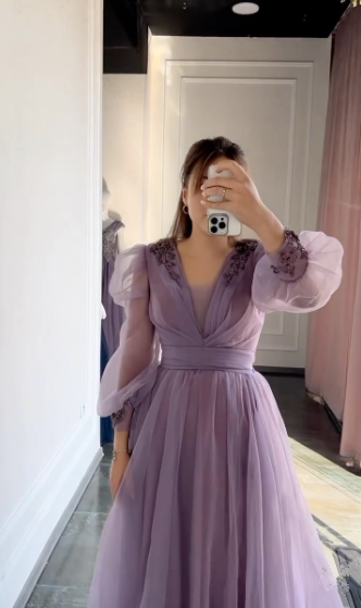 Purple A-line Tulle Beaded Evening Dress With Puff Sleeves