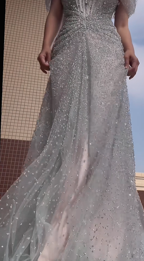 Sparkly Silver Tulle Sequin Beaded Mermaid Long Evening Dress Off The Shoulder Birthday Party Dress