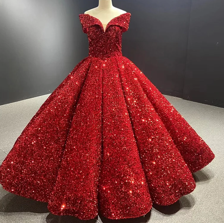 Royal blue sequin prom ball gown sweet 16 dress off the shoulder princess Quince dress