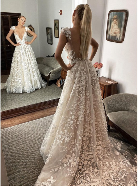 A-line Lace V-Neck Vintage Cap Sleeves Romantic Wedding Dresses Elegant Evening Dress