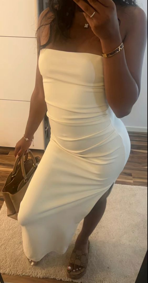 Classy White Strapless Sheath Prom Dress With Split