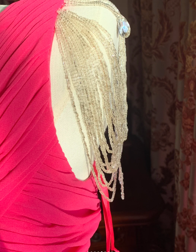 Pretty Rose Red One Shoulder Chiffon Pleated Beaded Evening Dress Long Wedding Guest Dress