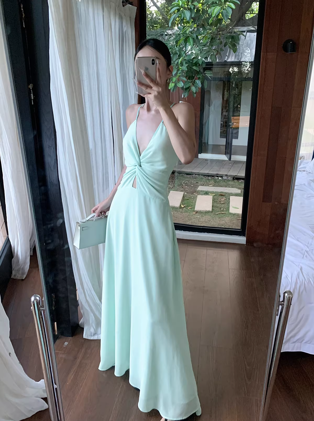 Simple Spaghetti Straps V Neck Green Chiffon A Line Long Party Dress Evening Dress