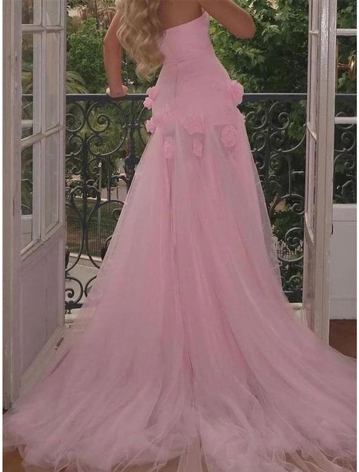 Beautiful Pink Strapless Tulle Rose Flowers Prom Dress Mermaid Slit Evening Dress Wedding Dress