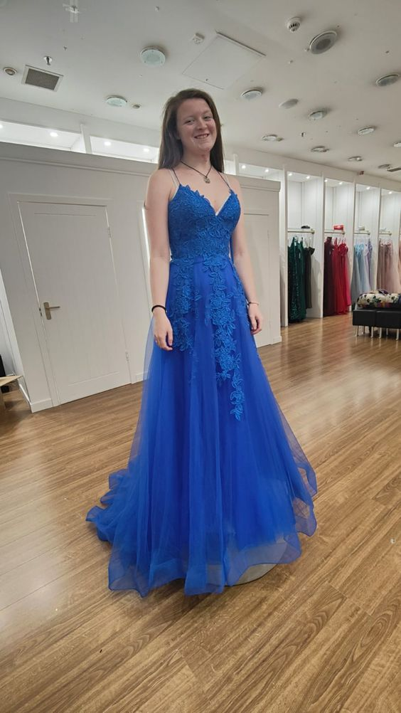Blue Tulle Lace Long Prom Dress, V-Neck Formal Evening Dress