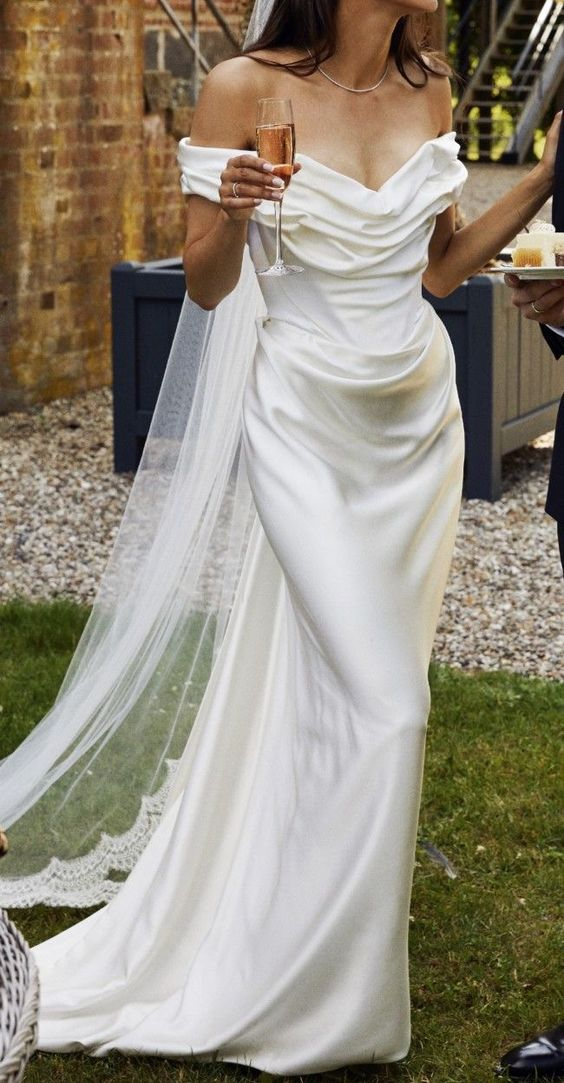 Elegant White Off The Shoulder Wedding Dress,Satin Pleated Mermaid Prom Evening Dress