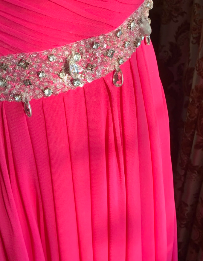 Pretty Rose Red One Shoulder Chiffon Pleated Beaded Evening Dress Long Wedding Guest Dress
