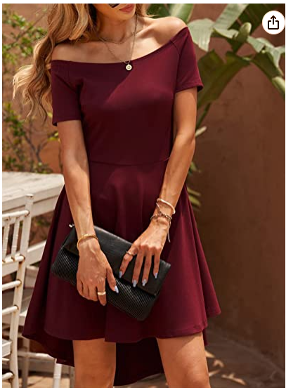 Women Off The Shoulder Short Sleeve High Low Hem Club Cocktail Skater Dress