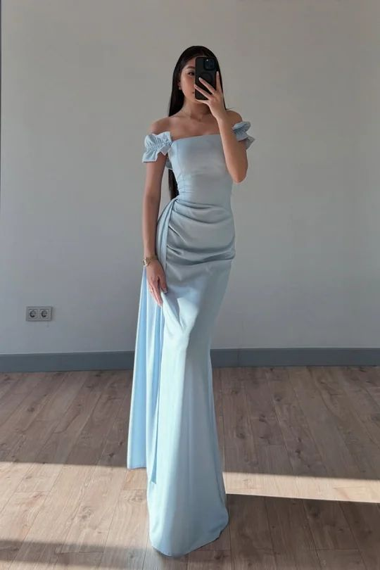 Mermaid Silk Satin Blue Long Evening Party Dress Prom Dresses With High Slit