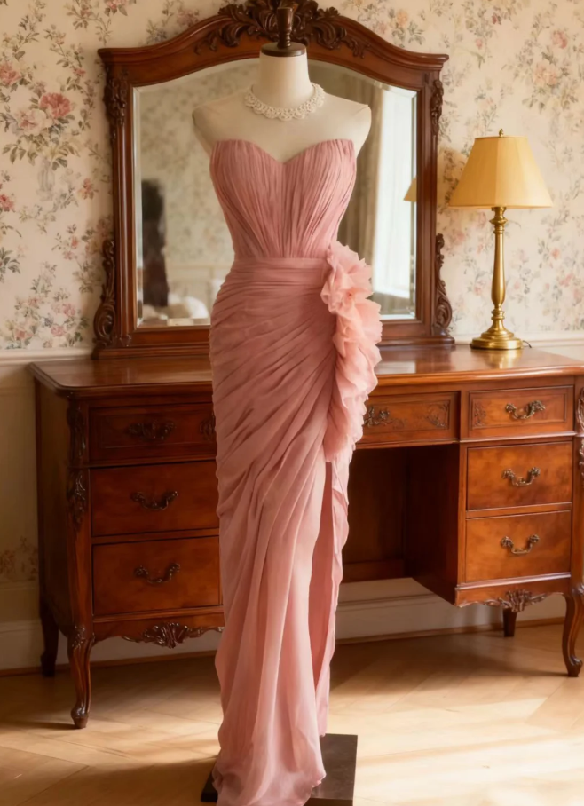 Pretty Pink Strapless Chiffon Pleated Slit Long Party Dress Evening Dress