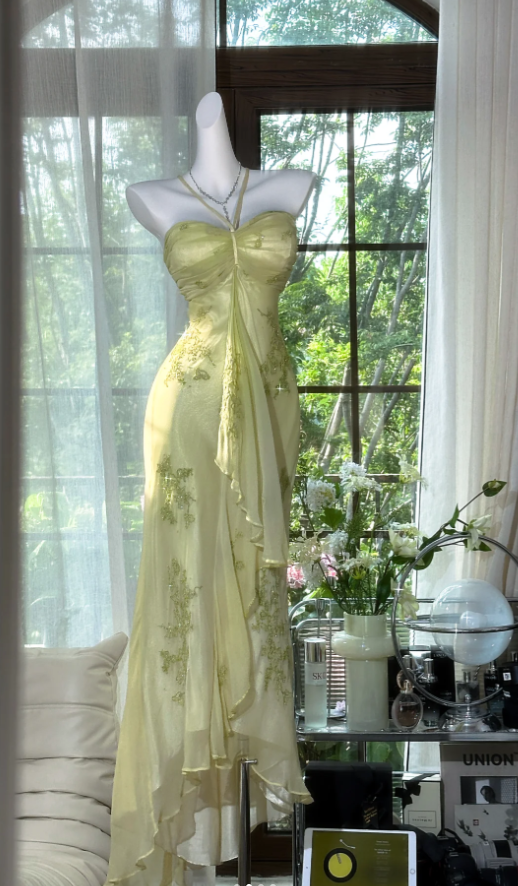 Vintage Halter Green Chiffon Beaded Mermaid Prom Dress Long Party Dress