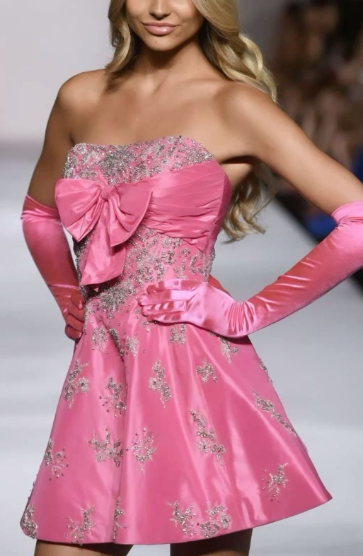 Stylish Pink Sequin Beaded Mini Birthday Outfits Formal Homecoming Dress With Gloves