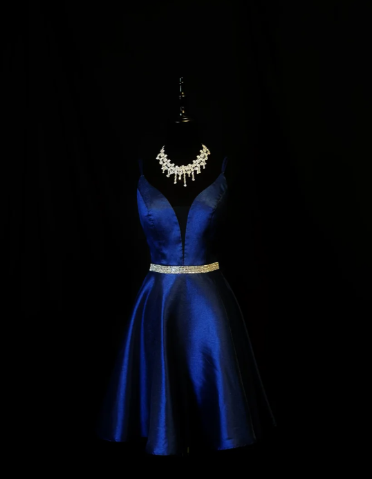 Pretty Spaghetti Straps Backless Homecoming Dress Royal Blue Satin Beaded Cocktail Dress