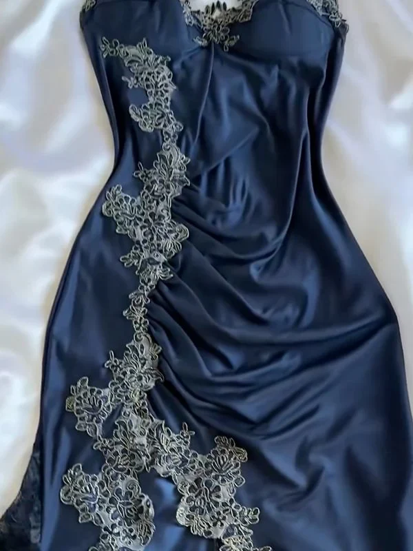 Vintage Navy Blue Satin Lace Appliques Mermaid Evening Dress,Long Party Prom Dress