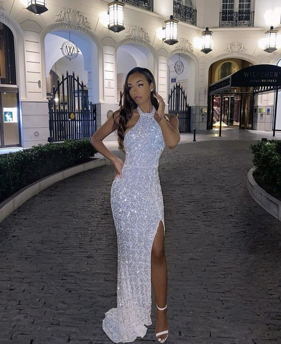 Shiny sexy sequins black gilr prom dresses long prom dress evening dress