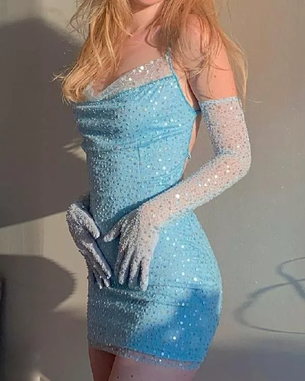 Sexy Blue Sequins Backless Mini Party Dress with Gloves