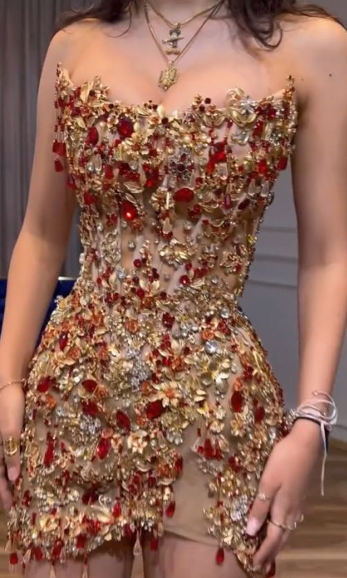 Gorgeous Sheath Strapless Sequin Beaded Gold Formal 8th Grade Homecoming Dress Mini Cocktail Dress