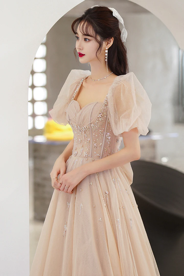 Cute tulle beads long prom dress A line evening gown