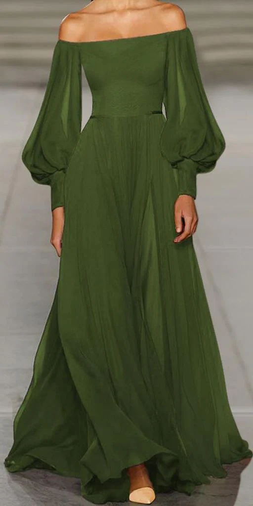 Green party dress with lantern sleeves solid off the shoulder prom dress