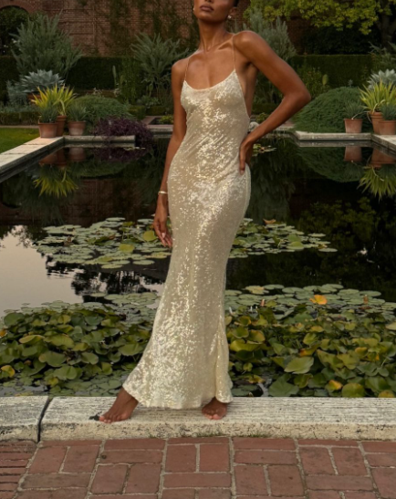 Shiny Champagne Spaghetti Straps Sequin Mermaid Party Dress Long Wedding Guest Dress