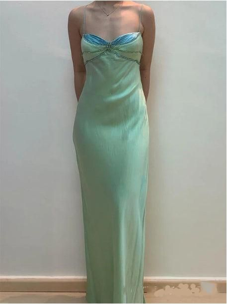 Vintage Green Spaghetti Straps Beading Sheath Long Party Dress Formal Prom Dress