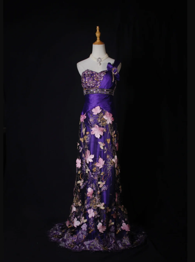 Charming Purple One Shoulder Satin Pleated Beaded Mermaid Prom Dress Evening Gown With Embroidery Appliques