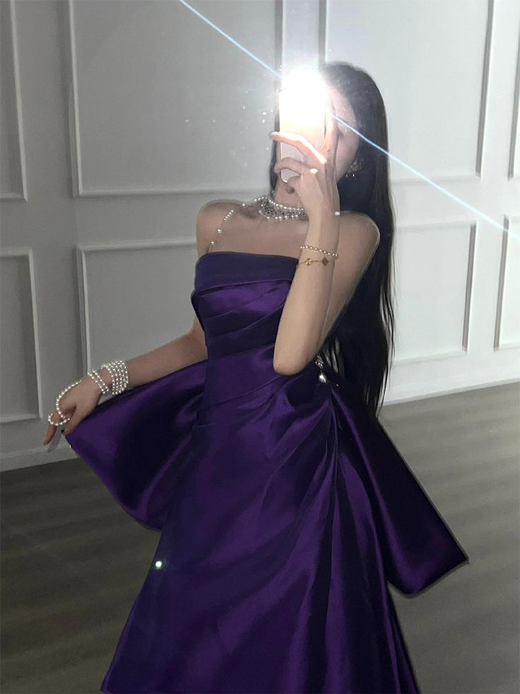 Stylish Purple Satin Strapless Pleated Mermaid Prom Dress Long Evening Dress With Bow