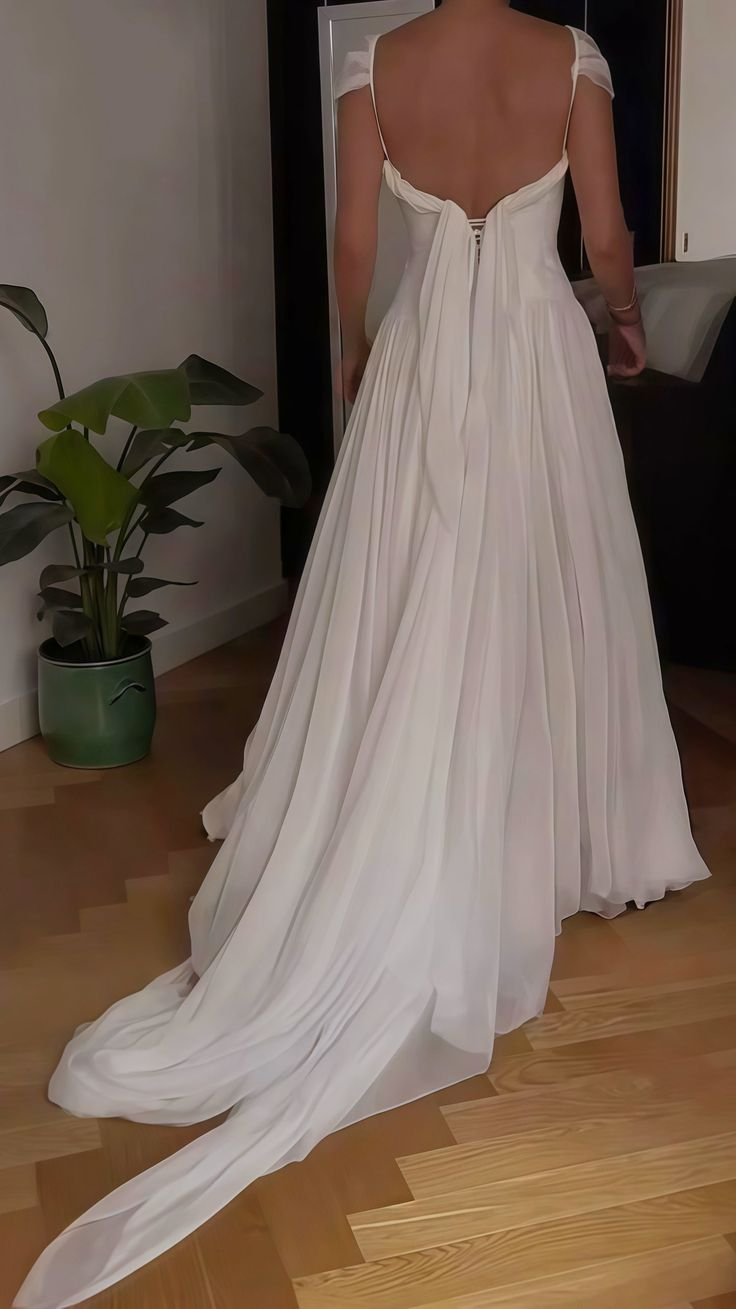Classy V Neck White Chiffon Long Wedding Dress Bridal Dress