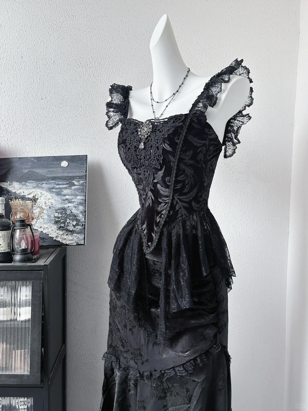 Vintage Black Satin Lace Long Party Dress Evening Dress