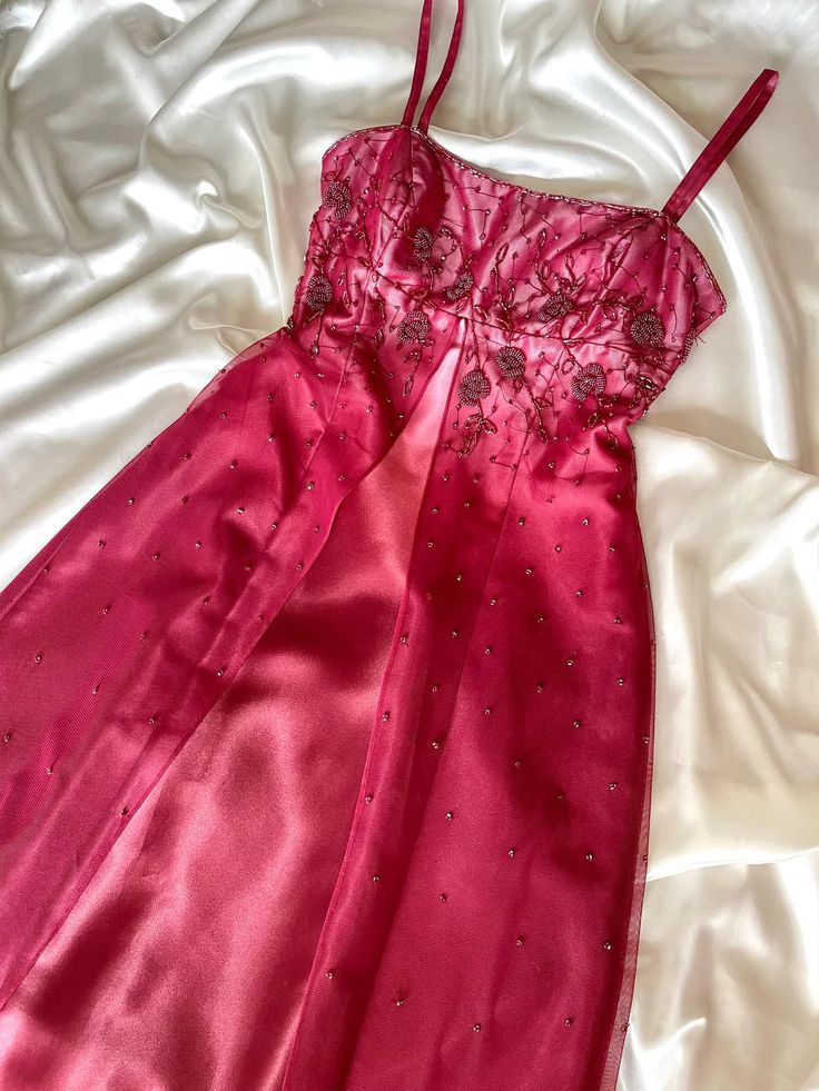 Pretty Spaghetti Straps Ombre Hot Pink Satin Beaded A Line Long Evening Dress Birthday Party Dress